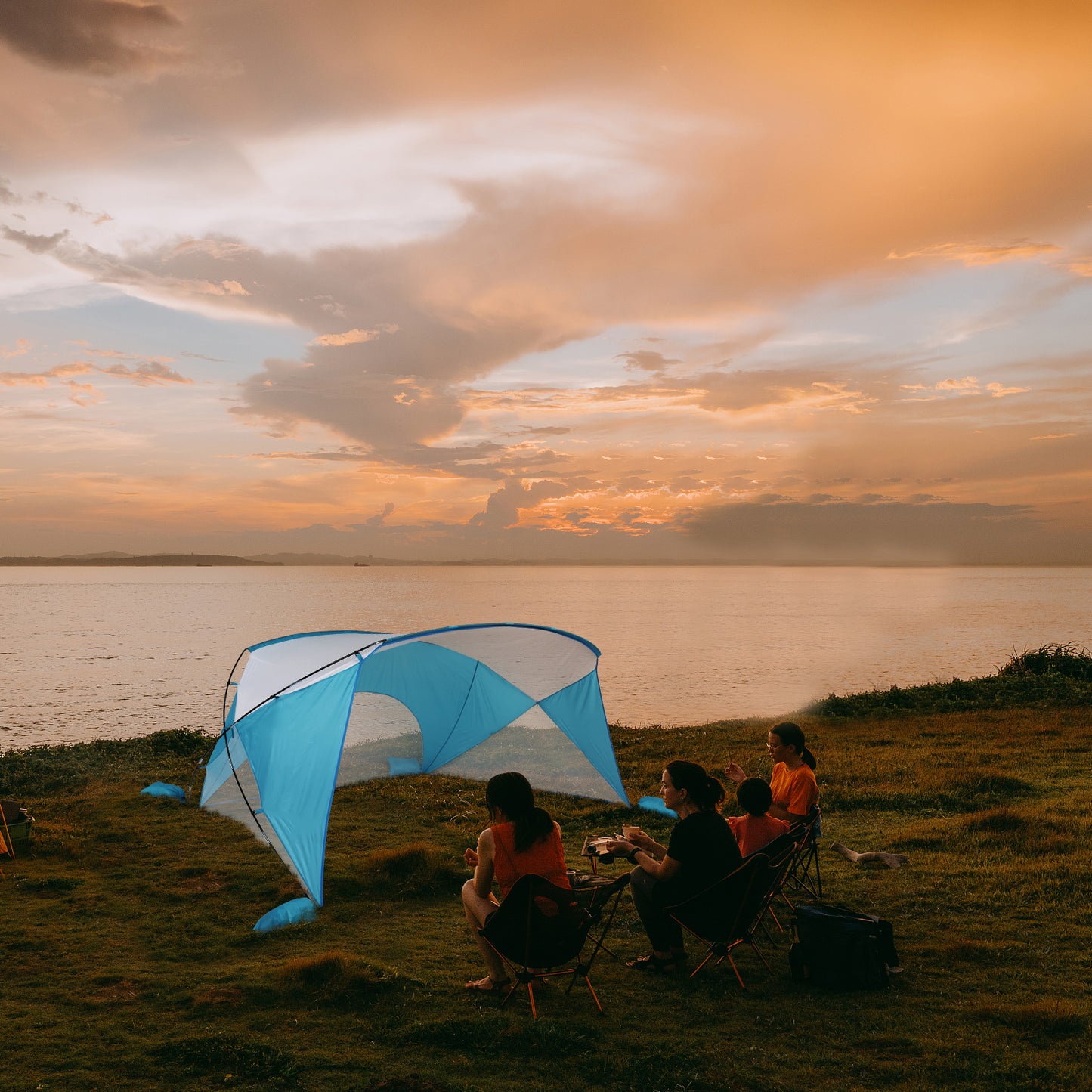 Blue and White Polyester Silk Beach and Camping Awning