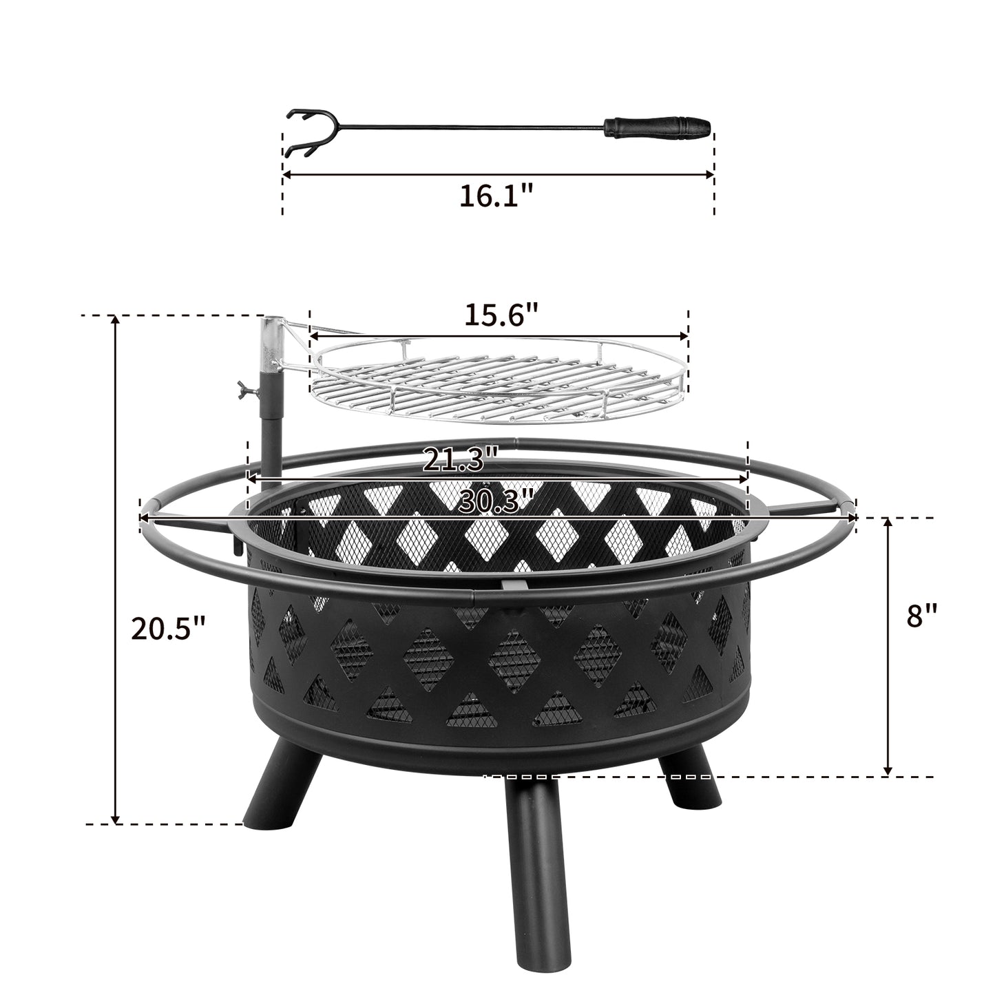 30in Black Outdoor Metal Fire Pit with Cooking Grates