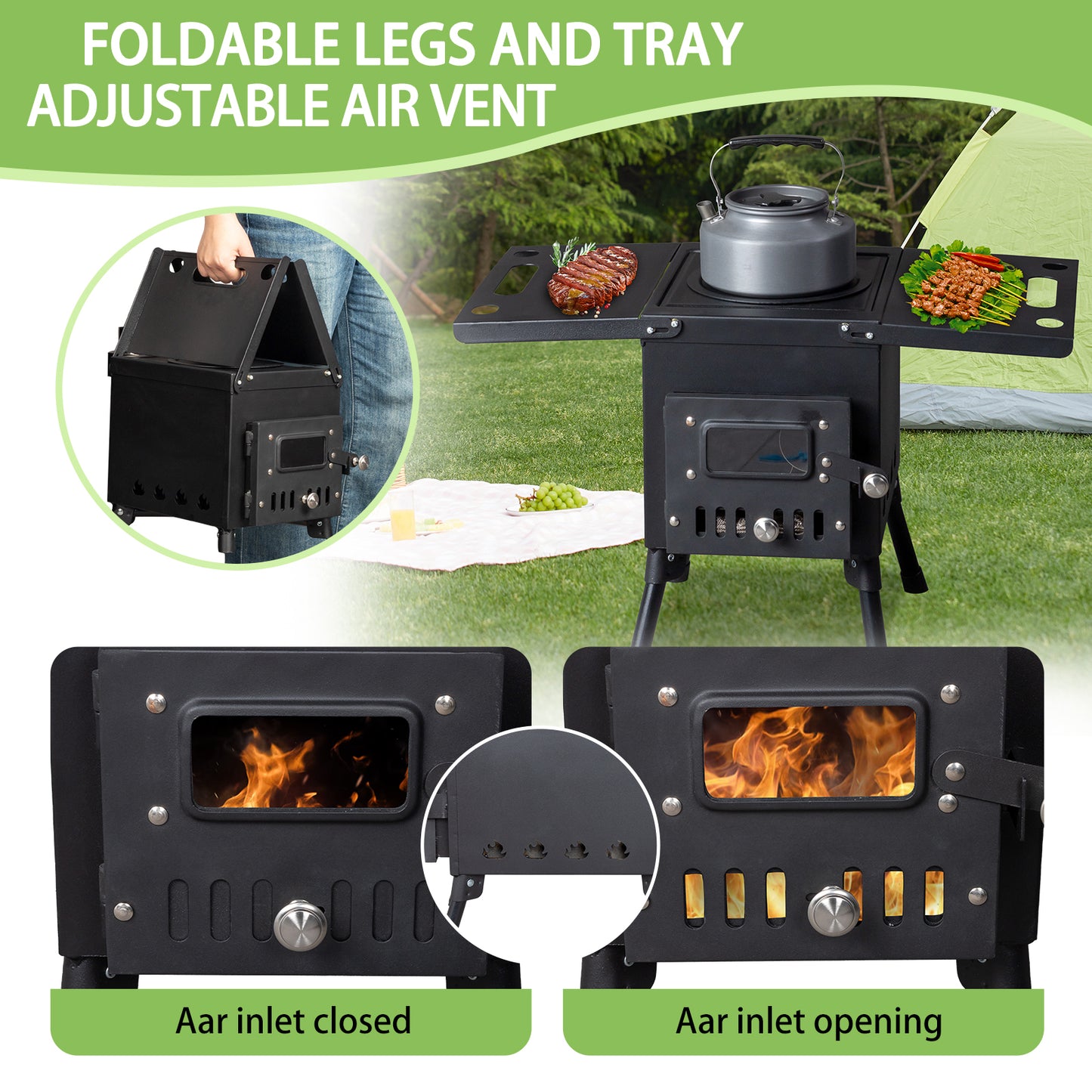 Portable Black Wood Burning Camping Stove and Accessories