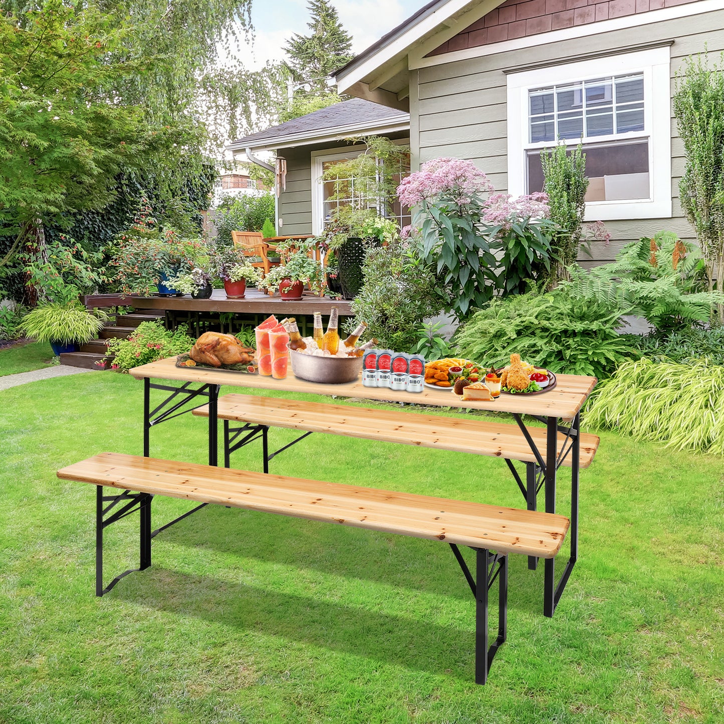 3 Piece 5.8 Ft Wood Picnic Table and Bench Combo Set