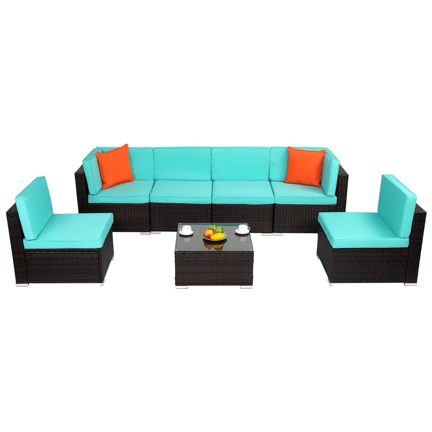 7 Piece Lake Blue Rattan Patio Sectional and Table Set