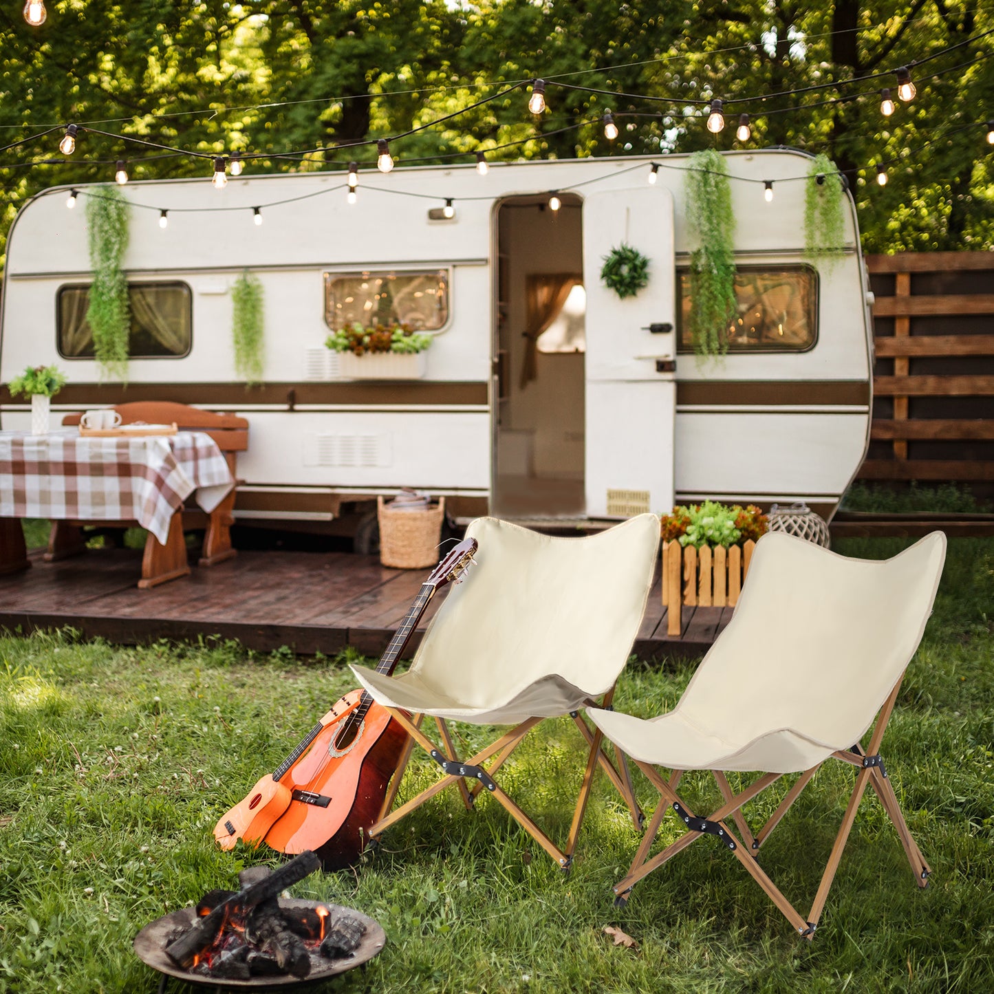 Ultra Light Folding White Camping Chair with Aluminum Frame and Wood Grain Accent