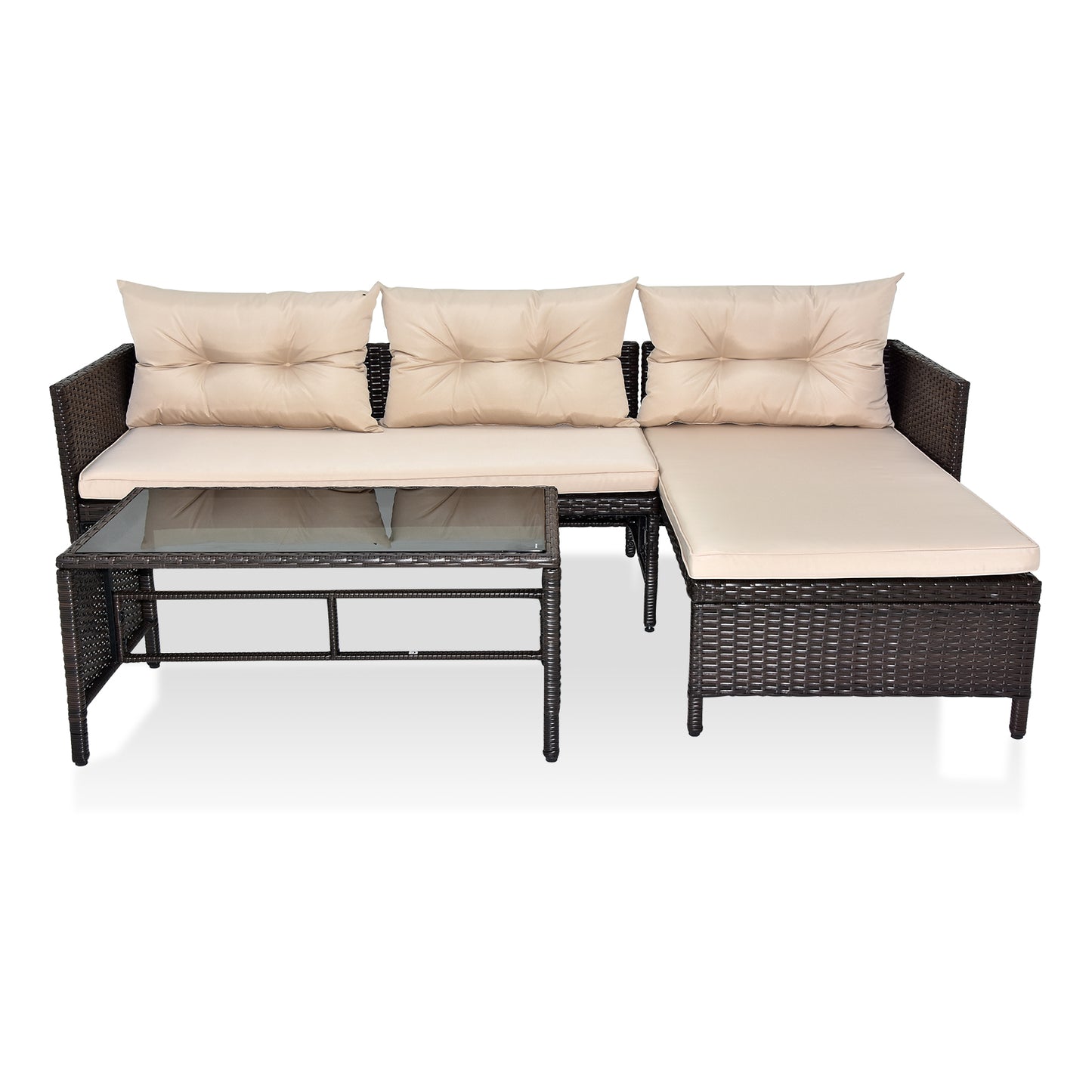 3 Piece Rattan Wicker Patio Sectional Set with Khaki Cushions