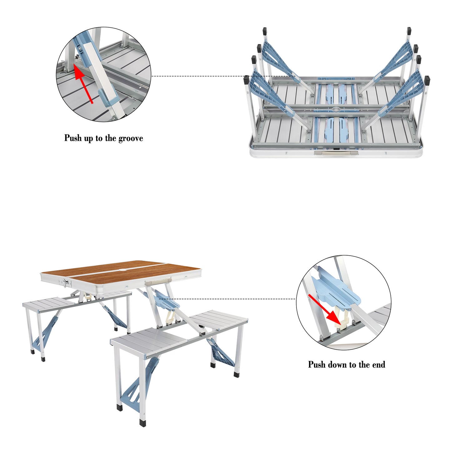 One Piece Aluminum and Wood Grain Table and Benches Outdoor Dining Set