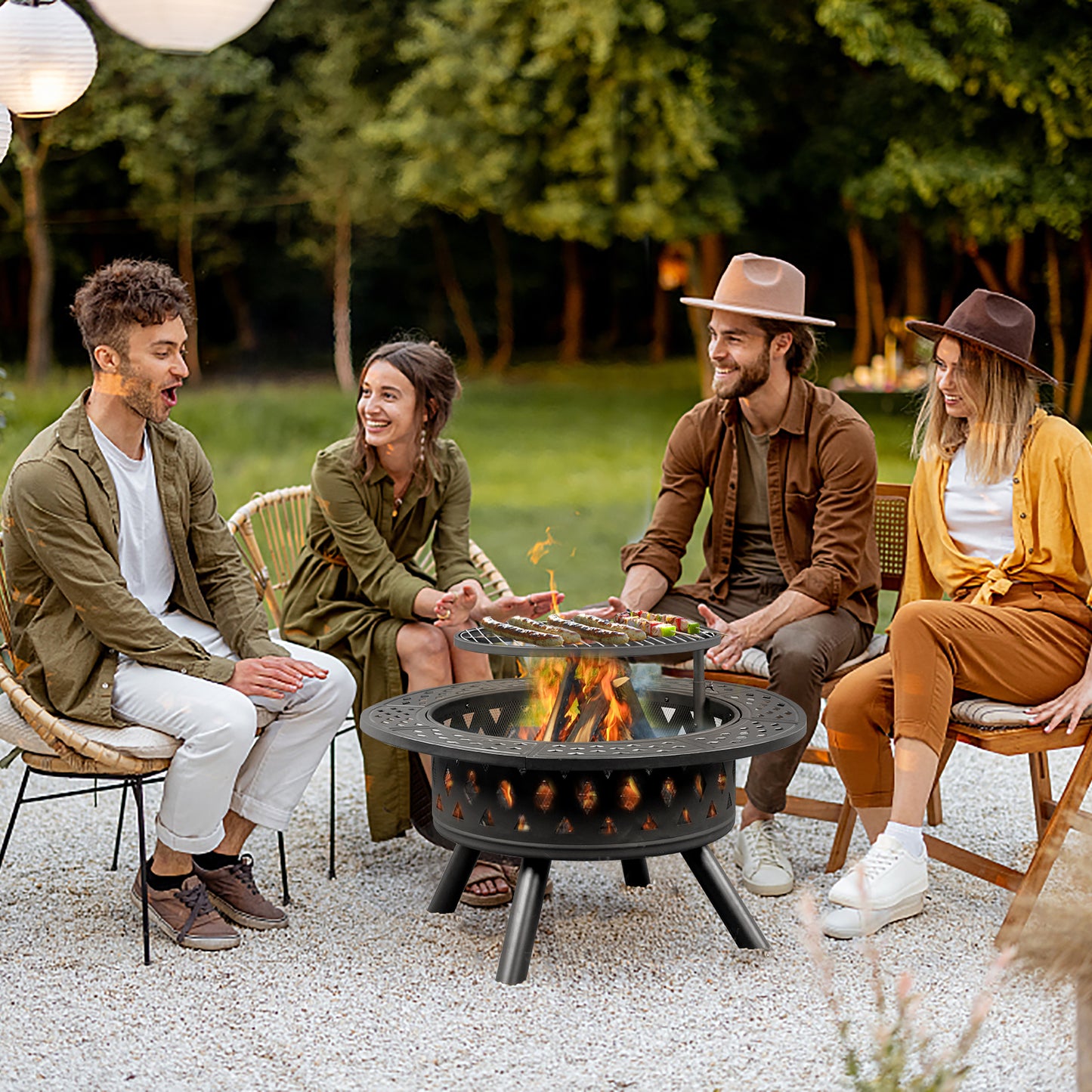 38in Black Metal Fire Pit with Cooking Grates