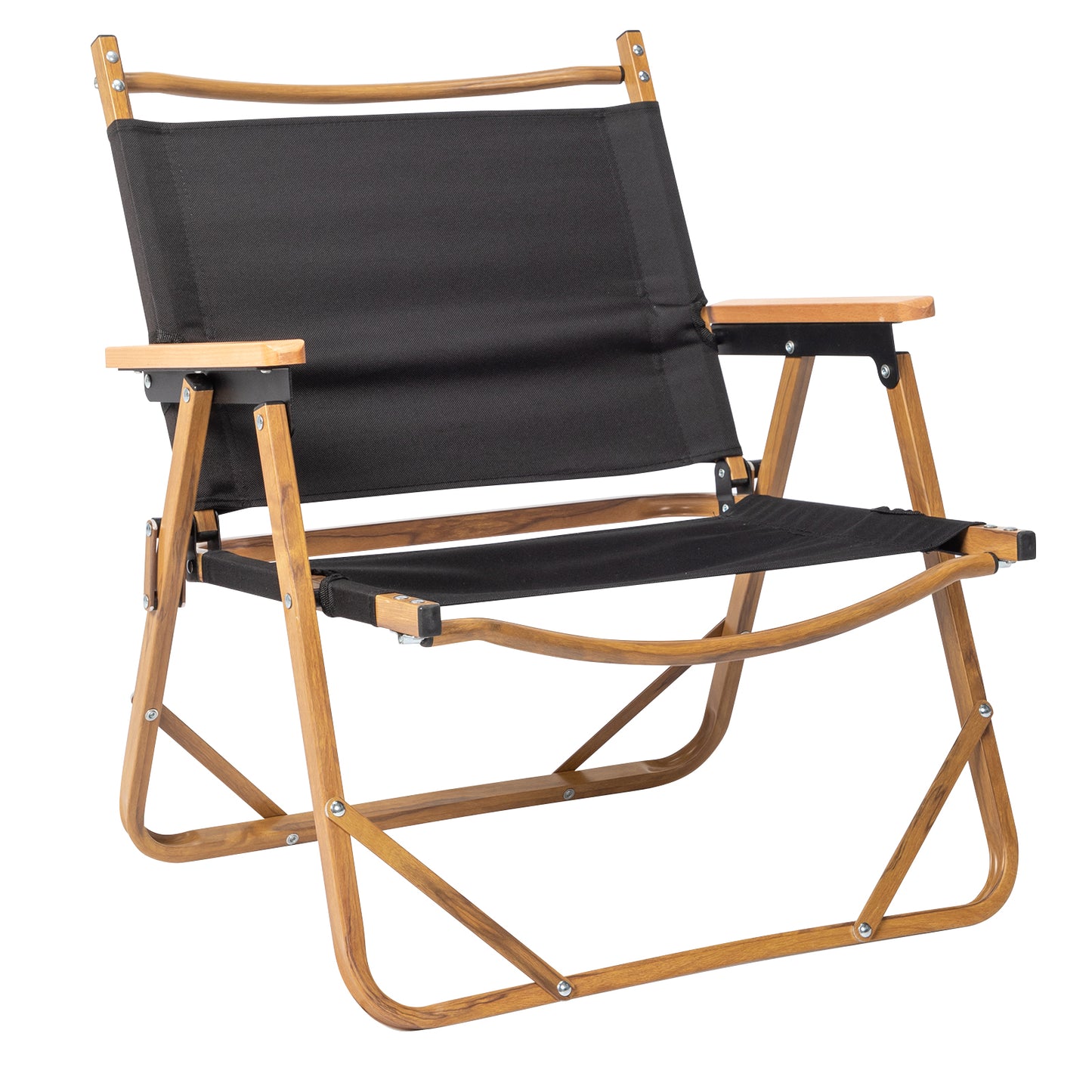 Black Cloth Folding Camping Chair with Aluminum Frame and Imitation Wood Accents