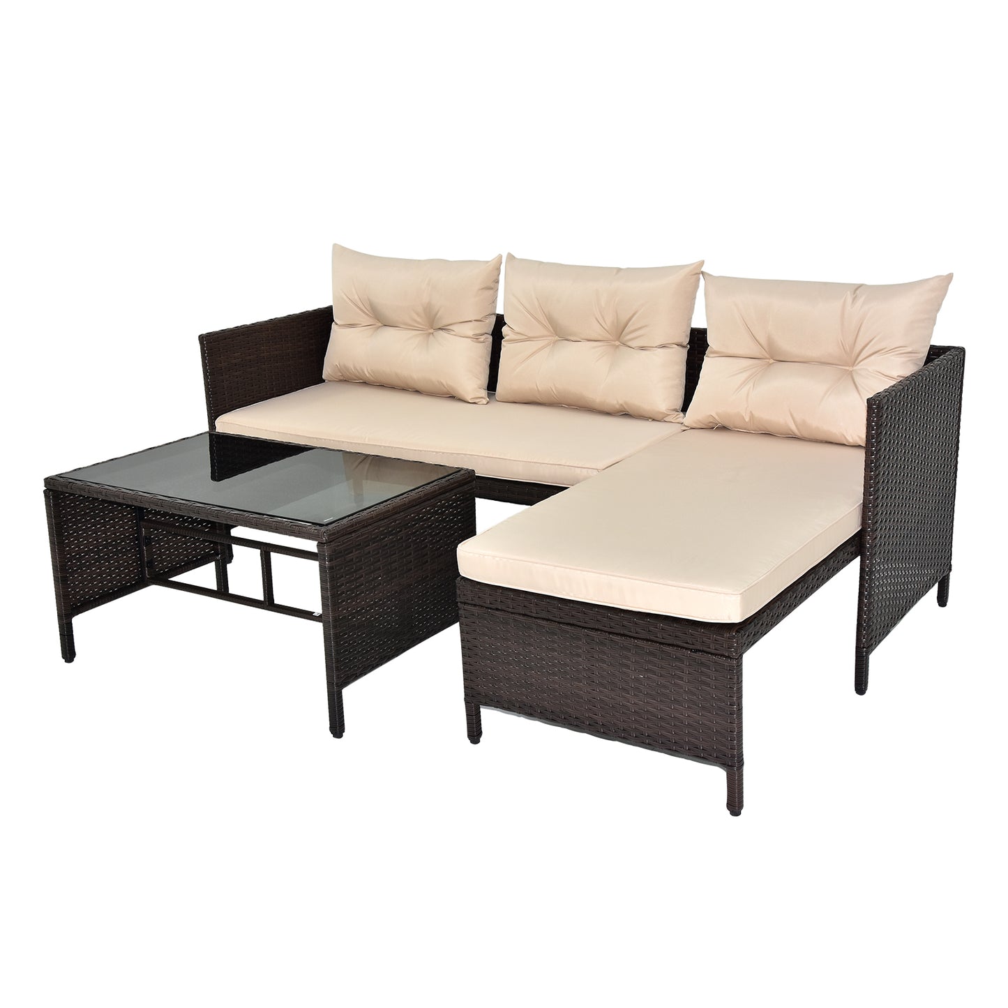 3 Piece Rattan Wicker Patio Sectional Set with Khaki Cushions