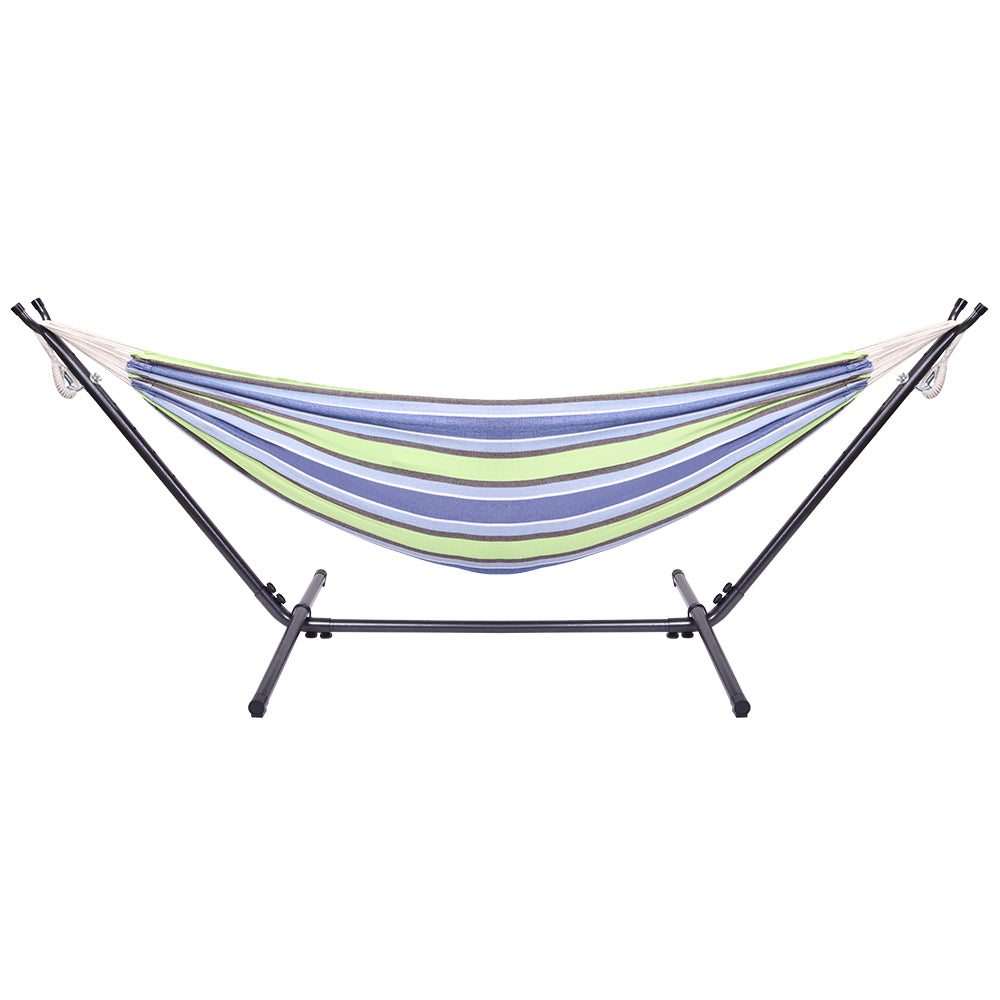 Green and Blue Stripe Canvas Hammock with Stand and Carrying Bag