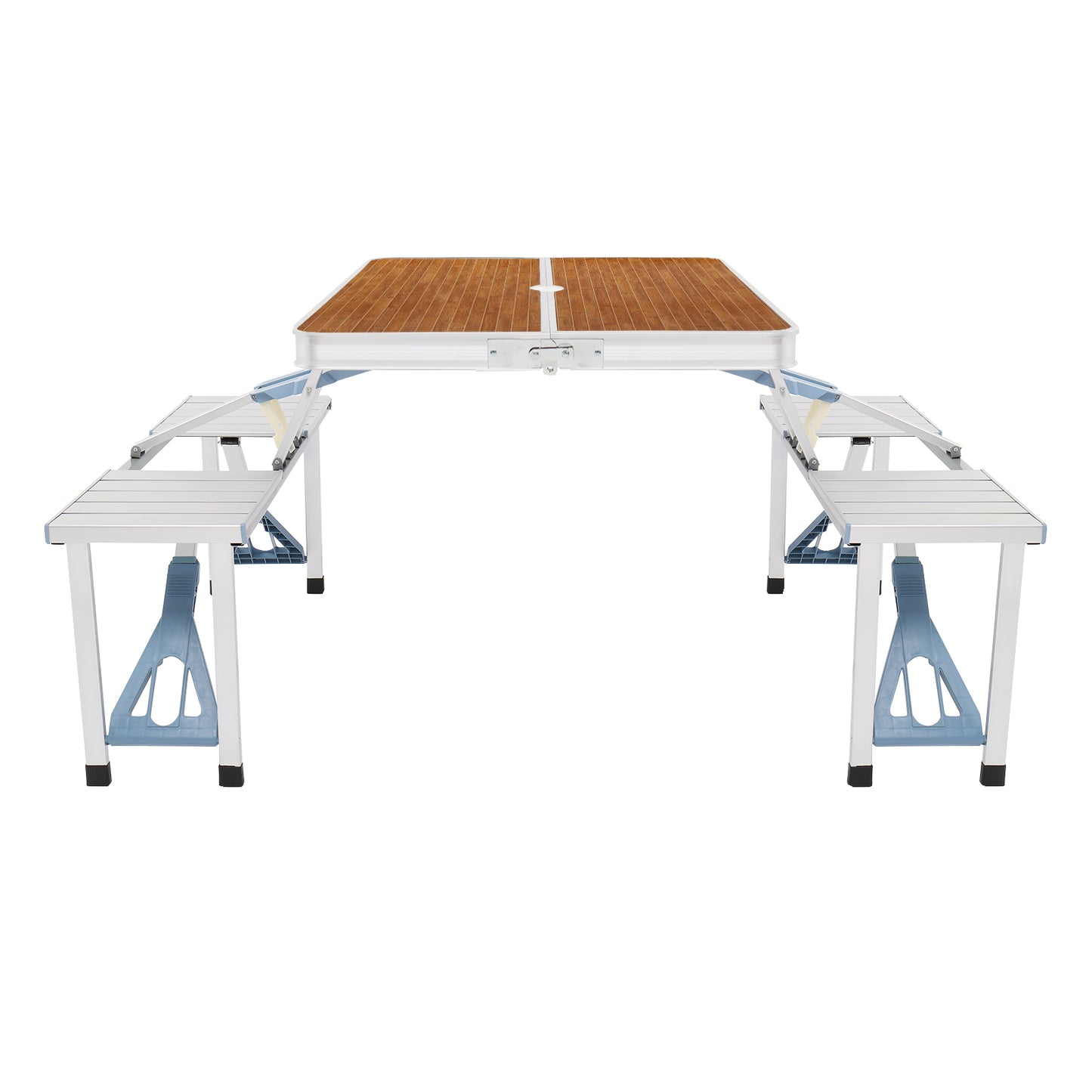 One Piece Aluminum and Wood Grain Table and Benches Outdoor Dining Set