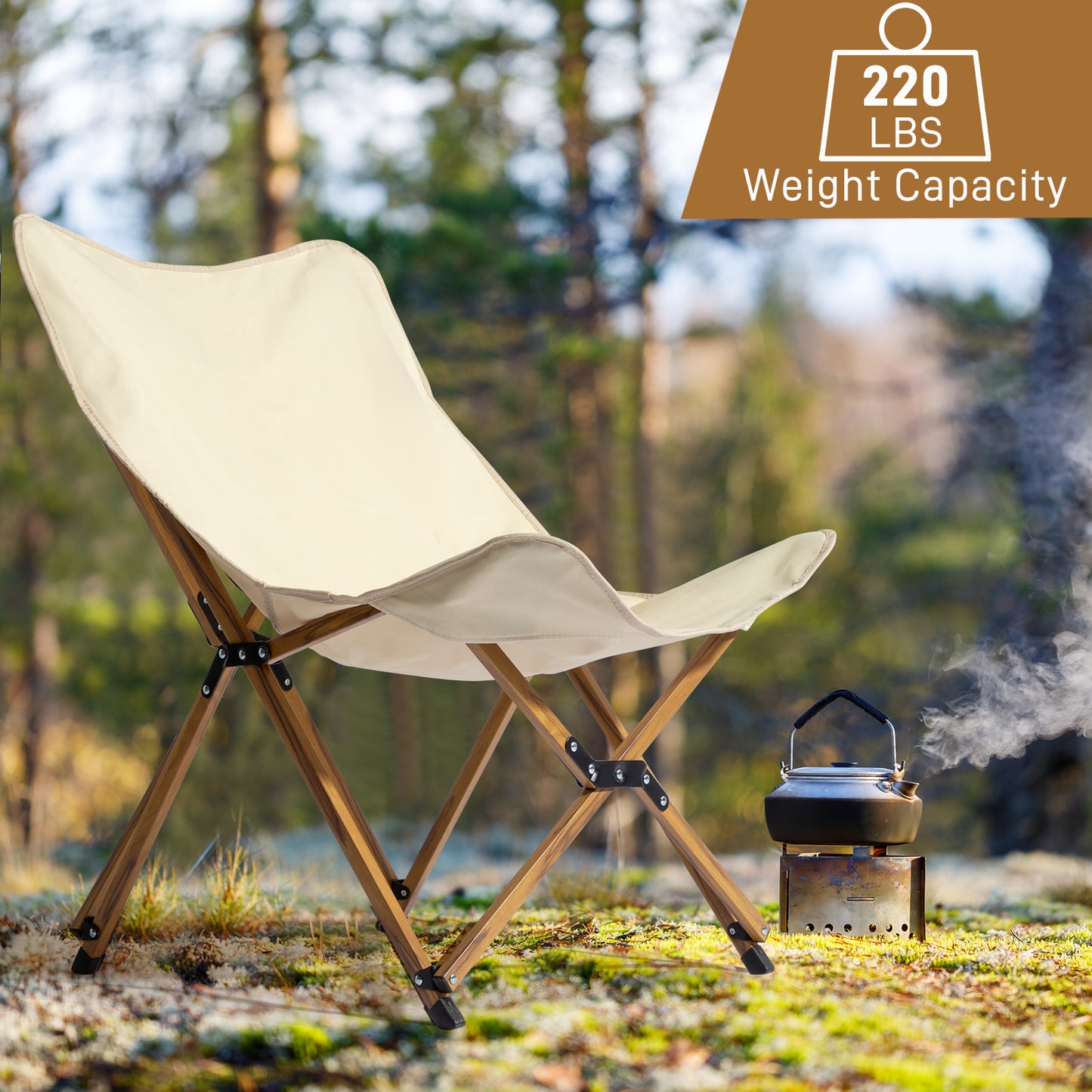 Ultra Light Folding White Camping Chair with Aluminum Frame and Wood Grain Accent