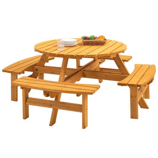 8-Person Outdoor Circular Wooden Picnic Table with 3 Built-in Benches