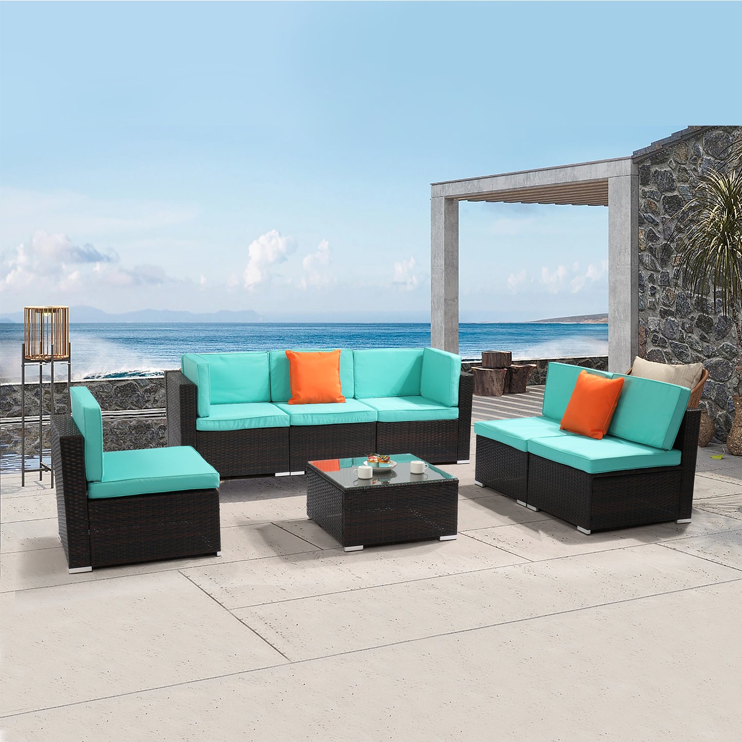 7 Piece Lake Blue Rattan Patio Sectional and Table Set