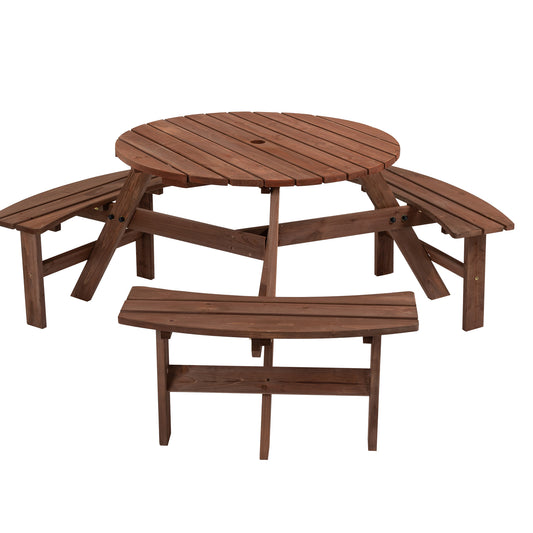 6-Person Outdoor Circular Wooden Picnic Table with 3 Built-in Benches