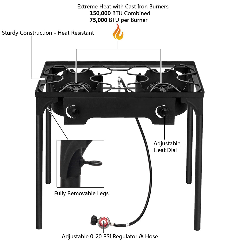 Double Burner Cast Iron Outdoor High Pressure Propane Gas Portable Camping Stove