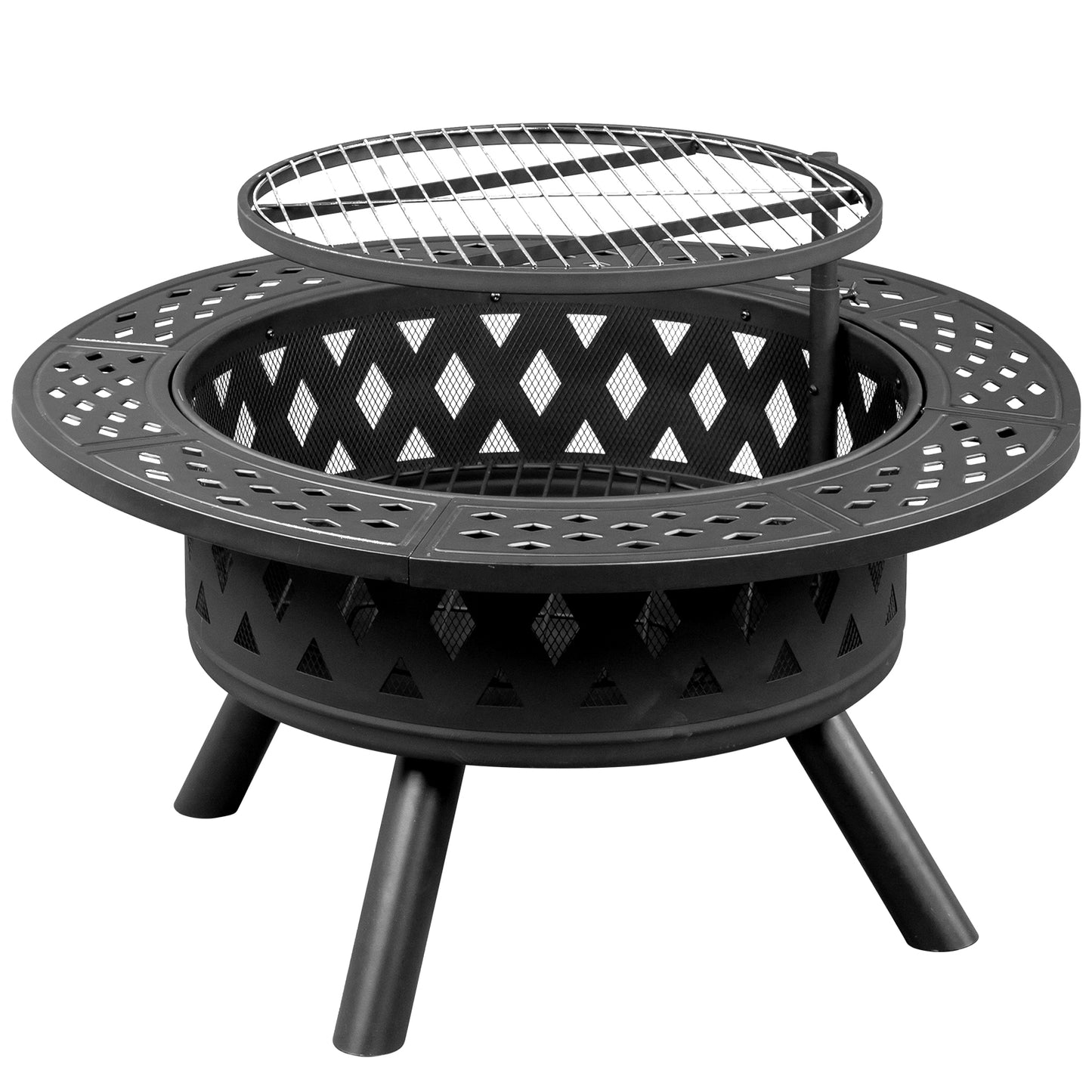 38in Black Metal Fire Pit with Cooking Grates