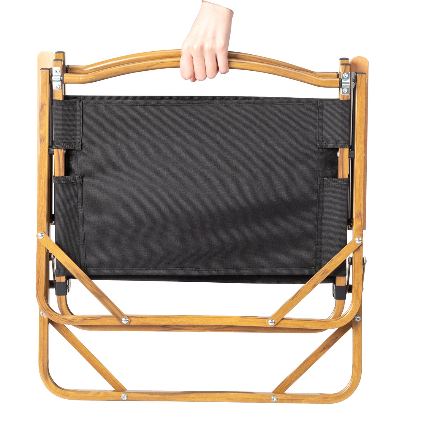 Black Cloth Folding Camping Chair with Aluminum Frame and Imitation Wood Accents