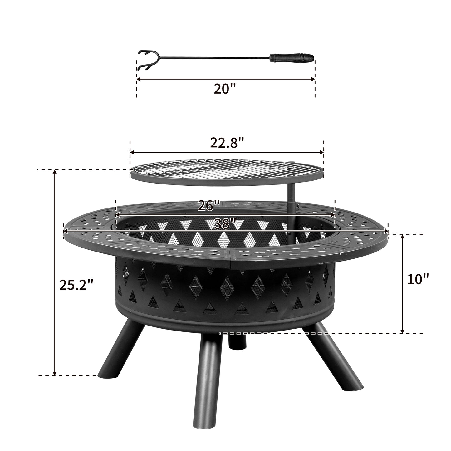 38in Black Metal Fire Pit with Cooking Grates