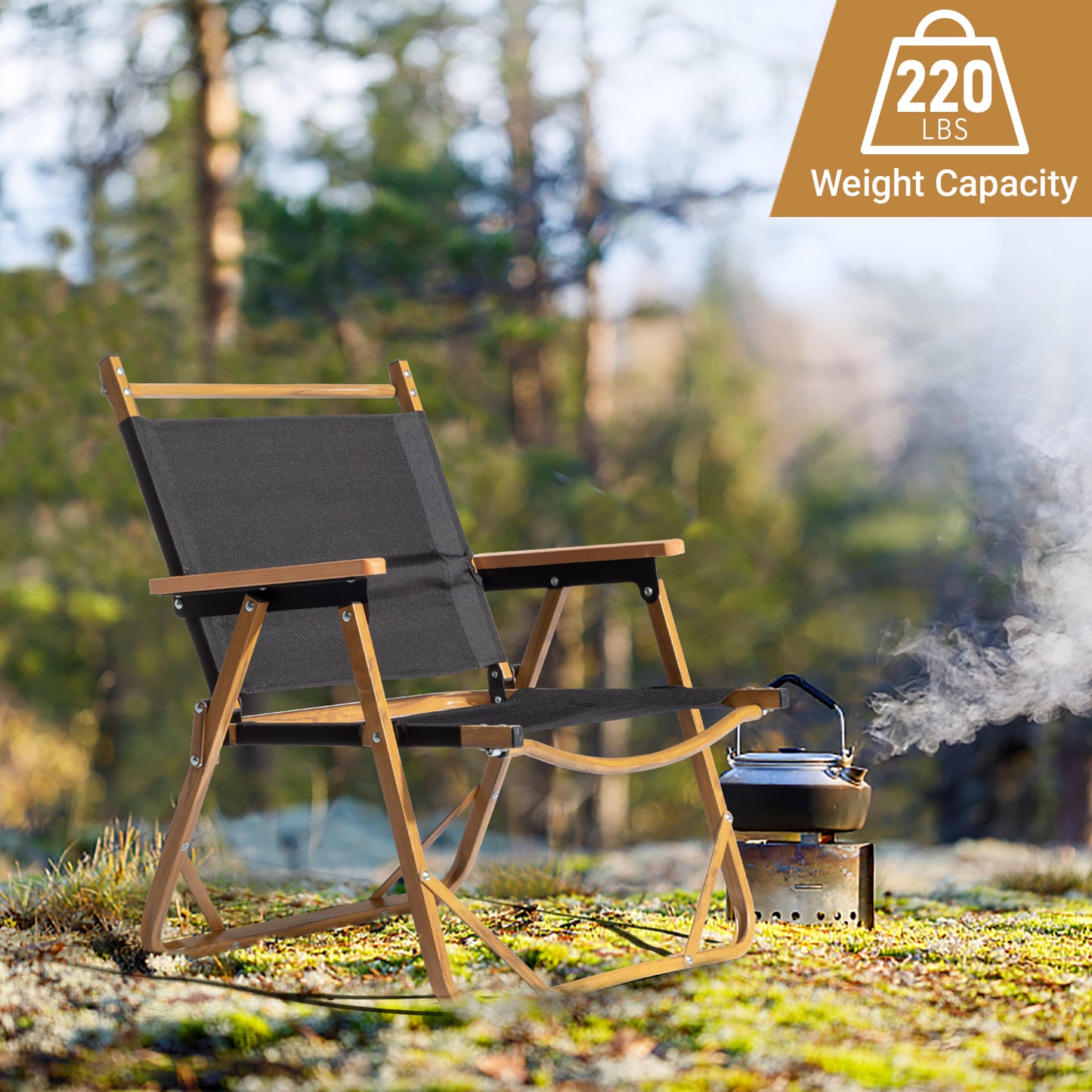 Black Cloth Folding Camping Chair with Aluminum Frame and Imitation Wood Accents