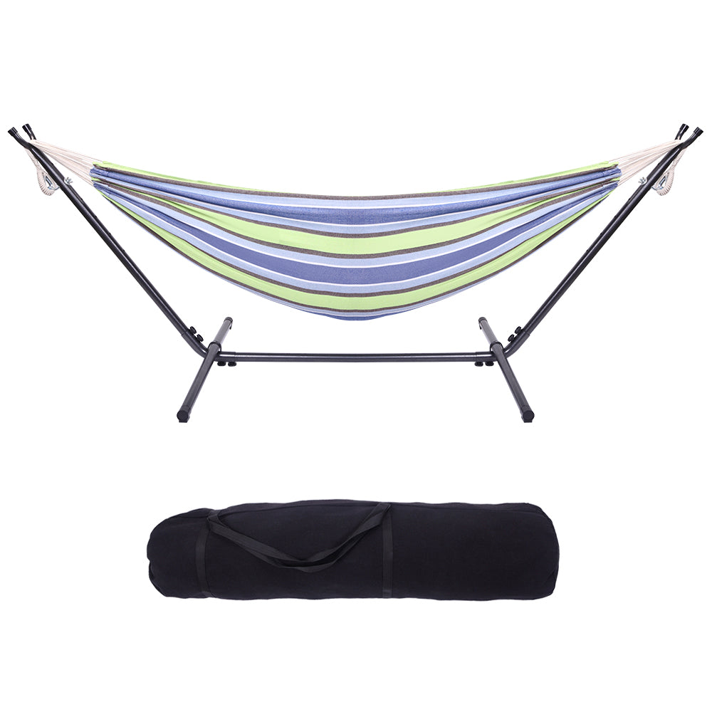 Green and Blue Stripe Canvas Hammock with Stand and Carrying Bag