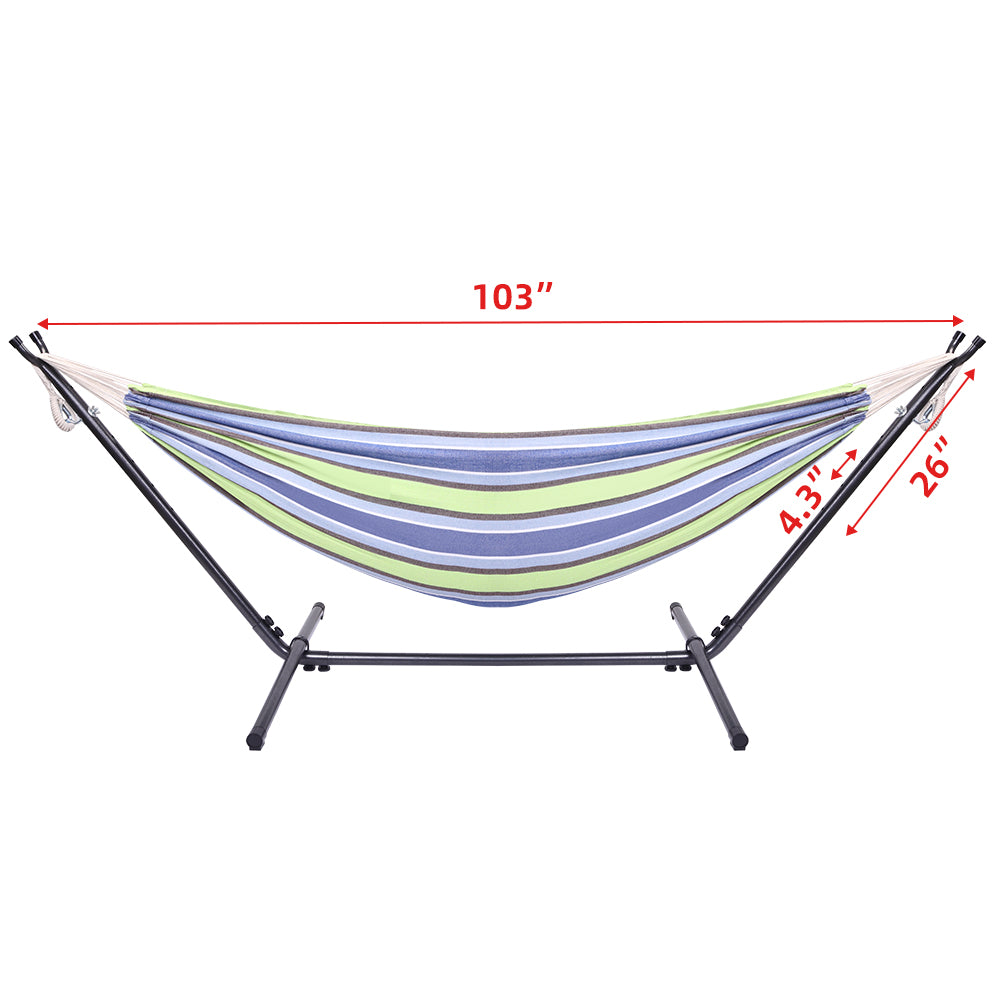 Green and Blue Stripe Canvas Hammock with Stand and Carrying Bag