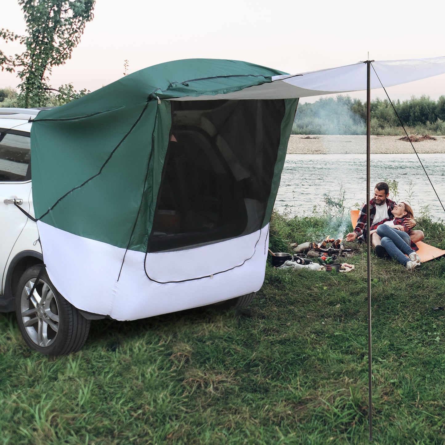 Green and White Gray SUV and Van Rear Camping Tent and Awning