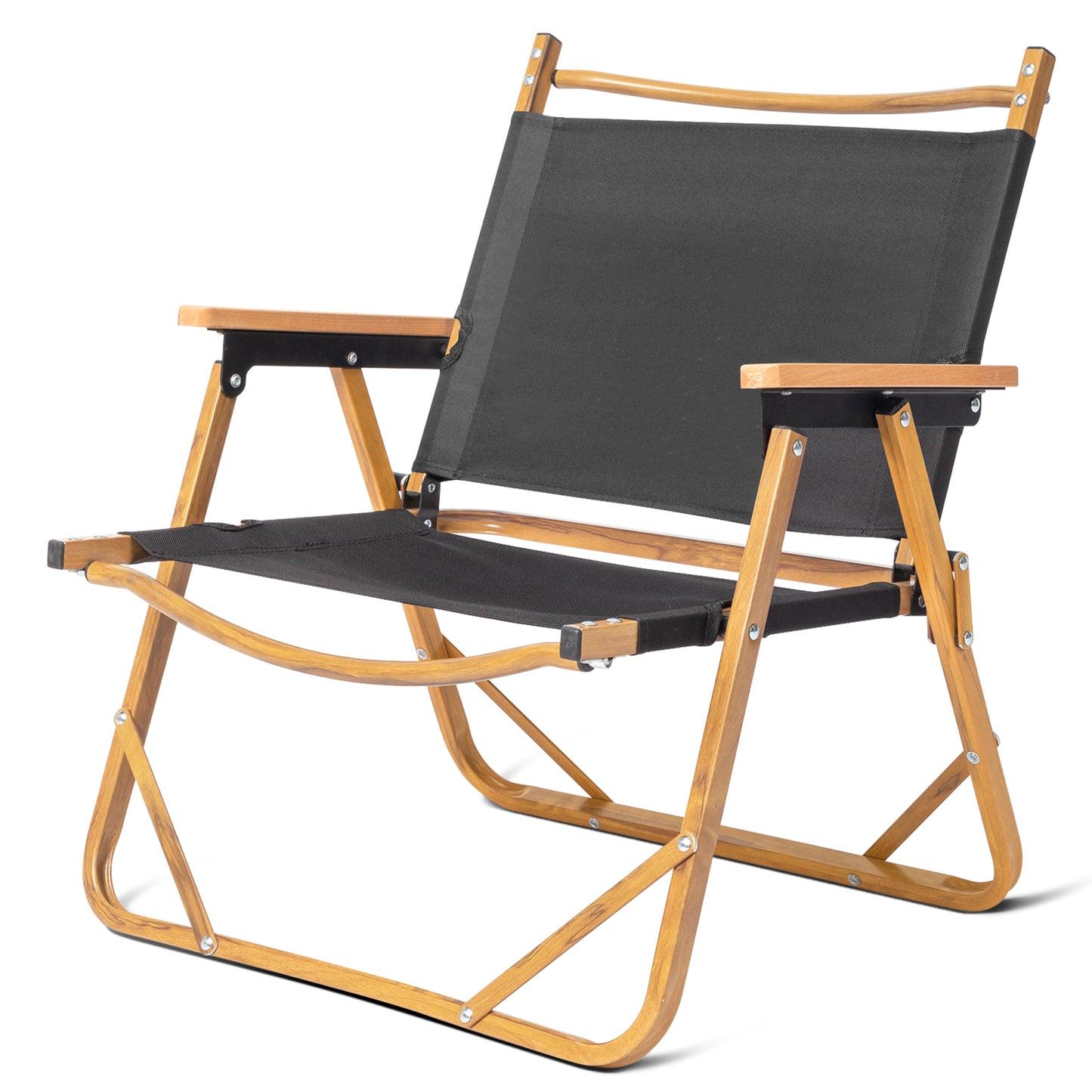 Black Cloth Folding Camping Chair with Aluminum Frame and Imitation Wood Accents