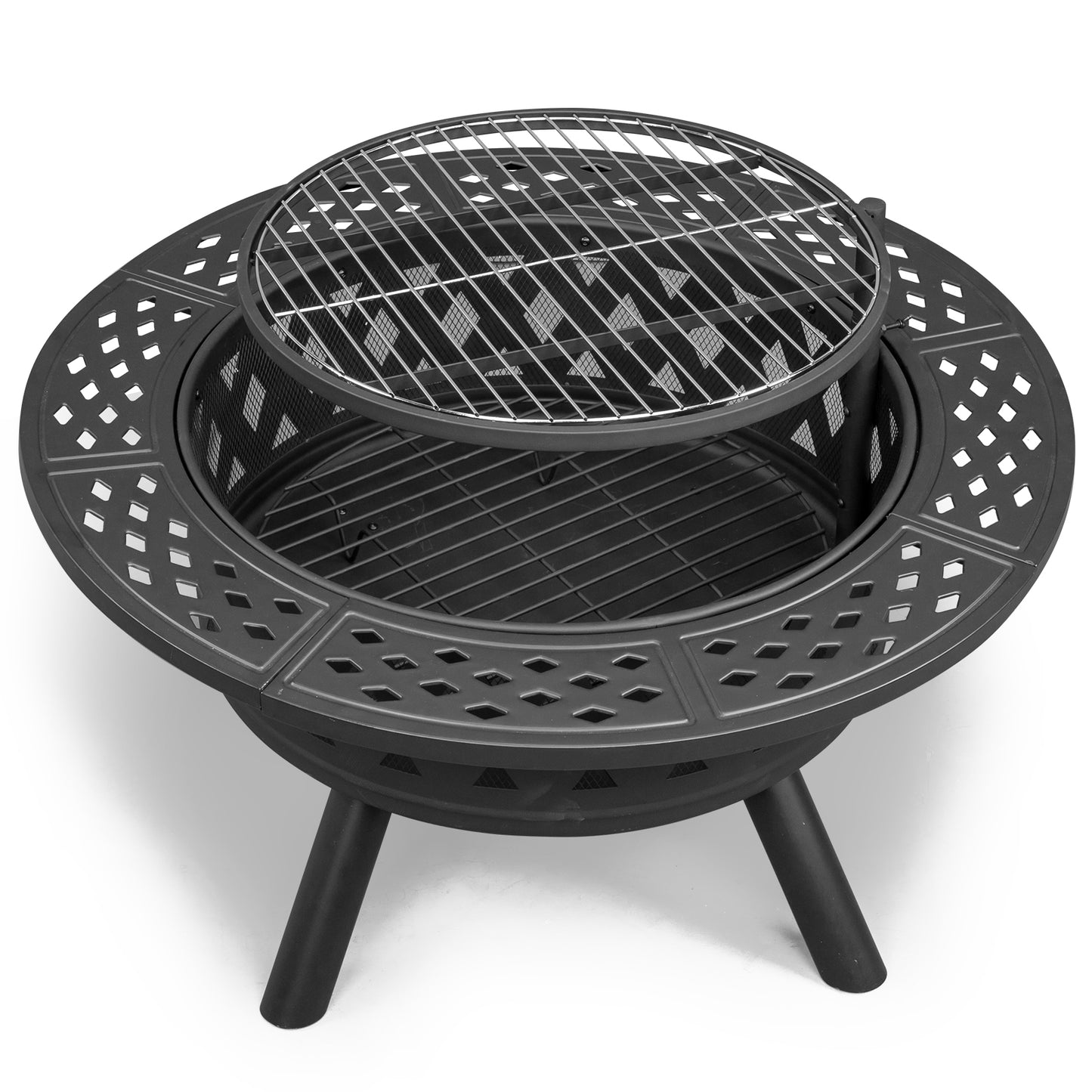 38in Black Metal Fire Pit with Cooking Grates