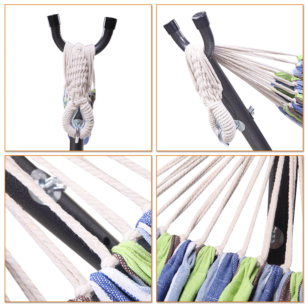 Green and Blue Stripe Canvas Hammock with Stand and Carrying Bag