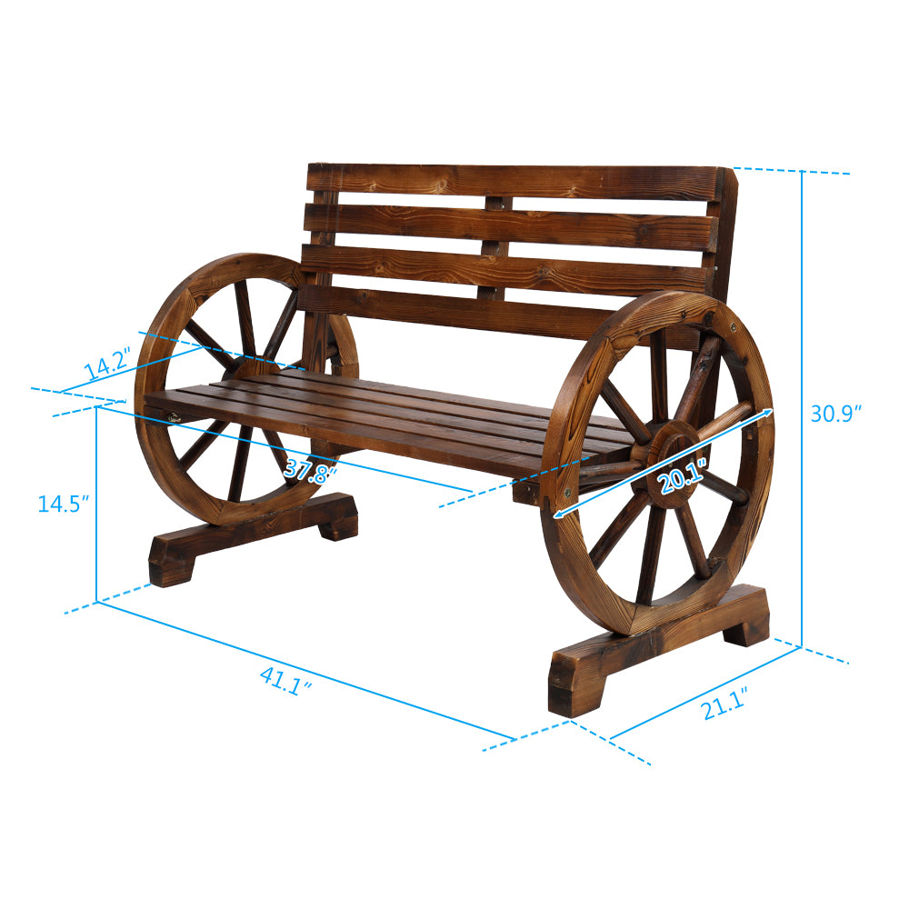 Rustic 2-Person Wooden Wagon Wheel Bench with Slatted Seat and Backrest