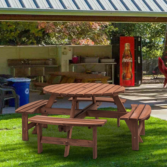 8-Person Outdoor Circular Wooden Picnic Table with 3 Built-in Benches