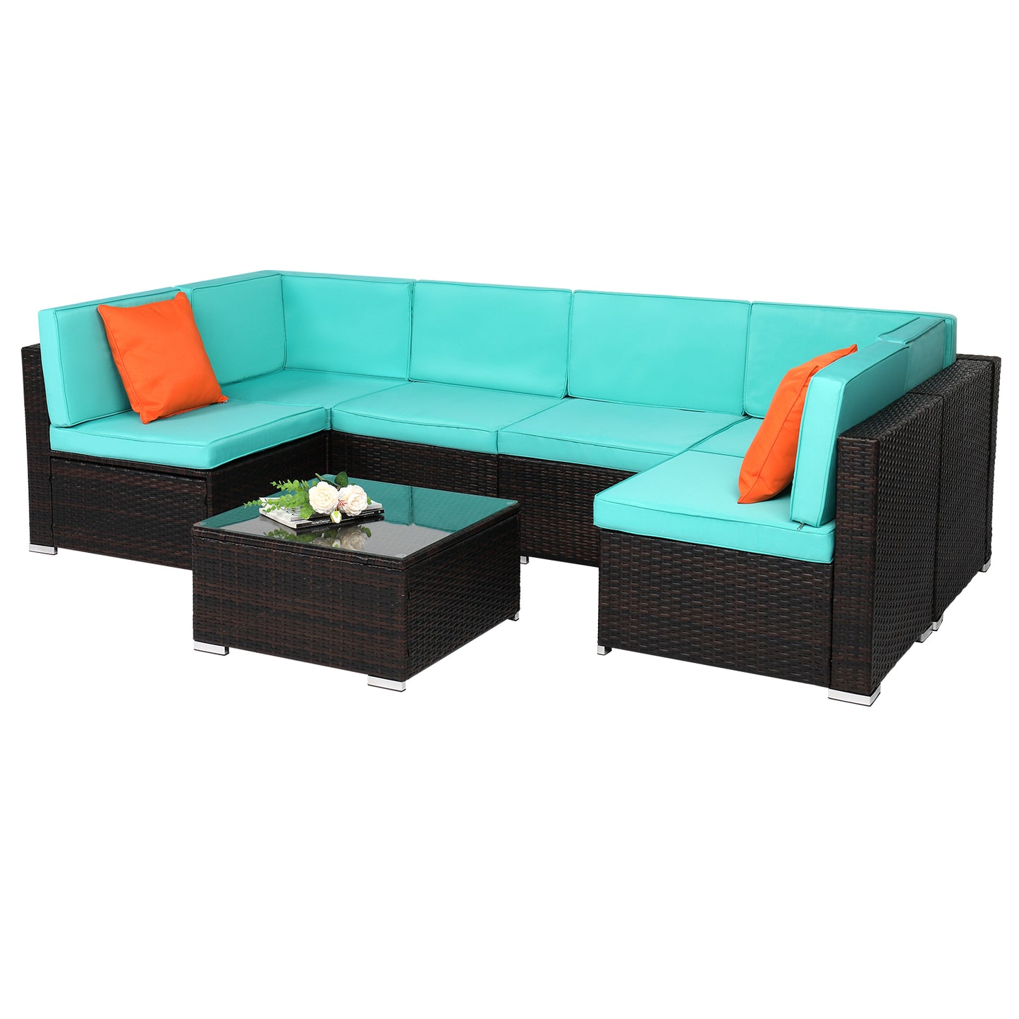 7 Piece Lake Blue Rattan Patio Sectional and Table Set