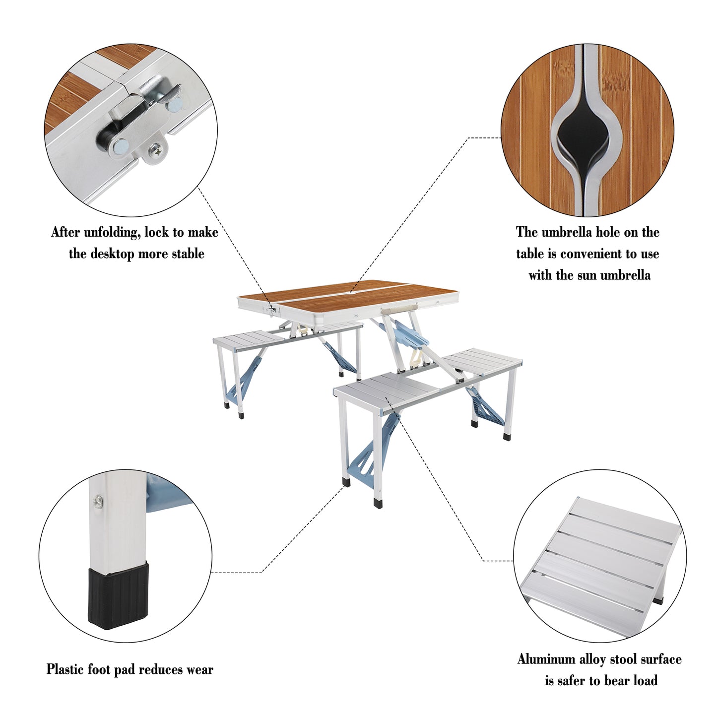 One Piece Aluminum and Wood Grain Table and Benches Outdoor Dining Set