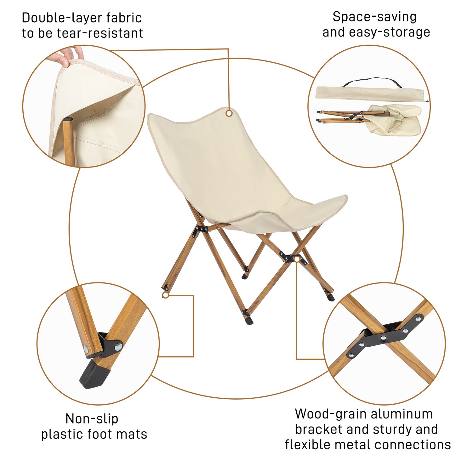 Ultra Light Folding White Camping Chair with Aluminum Frame and Wood Grain Accent