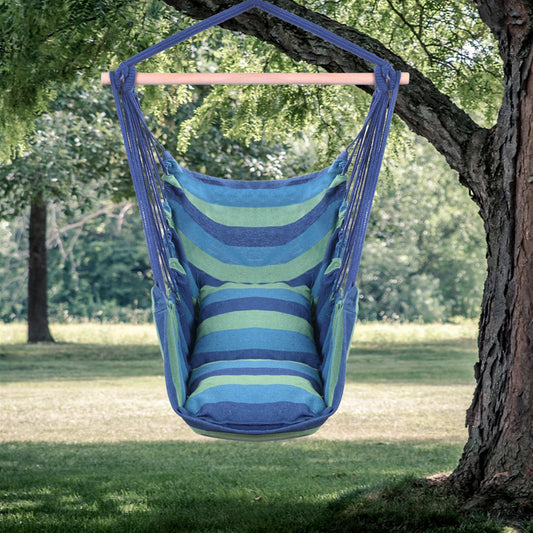 Blue Cotton Canvas Hanging Rope Chair with Pillows