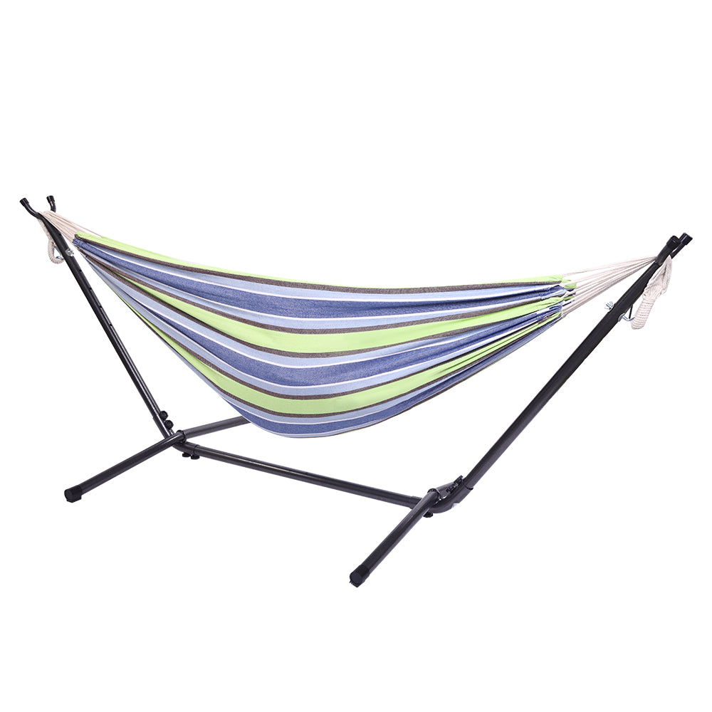 Green and Blue Stripe Canvas Hammock with Stand and Carrying Bag