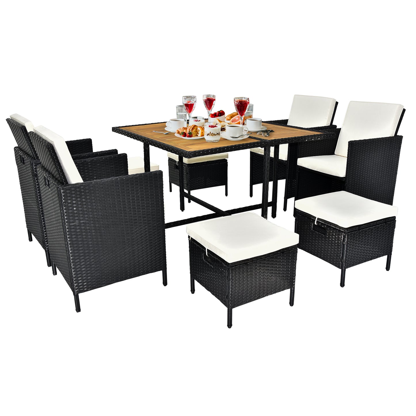 9 Piece Acacia Wood Outdoor Wicker Chairs with Soft Cushions Patio Dining Set