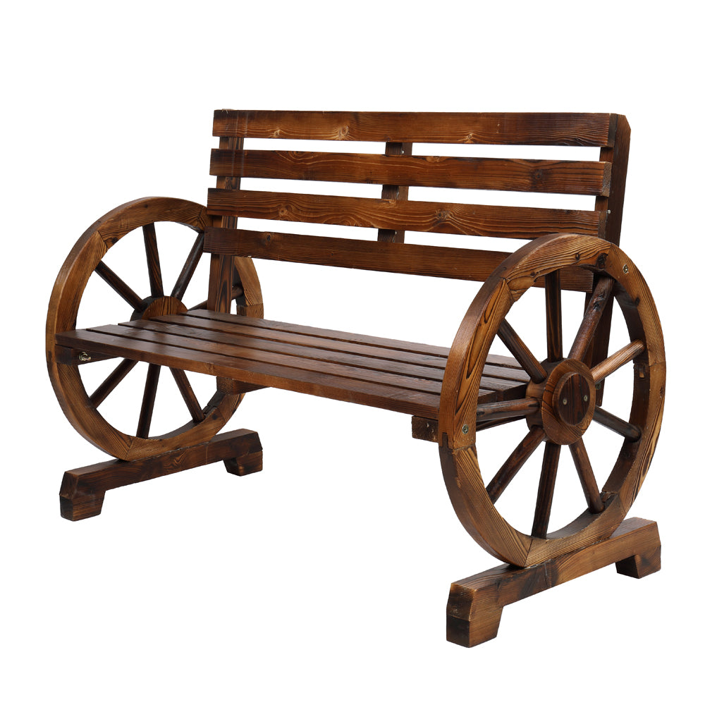 Rustic 2-Person Wooden Wagon Wheel Bench with Slatted Seat and Backrest