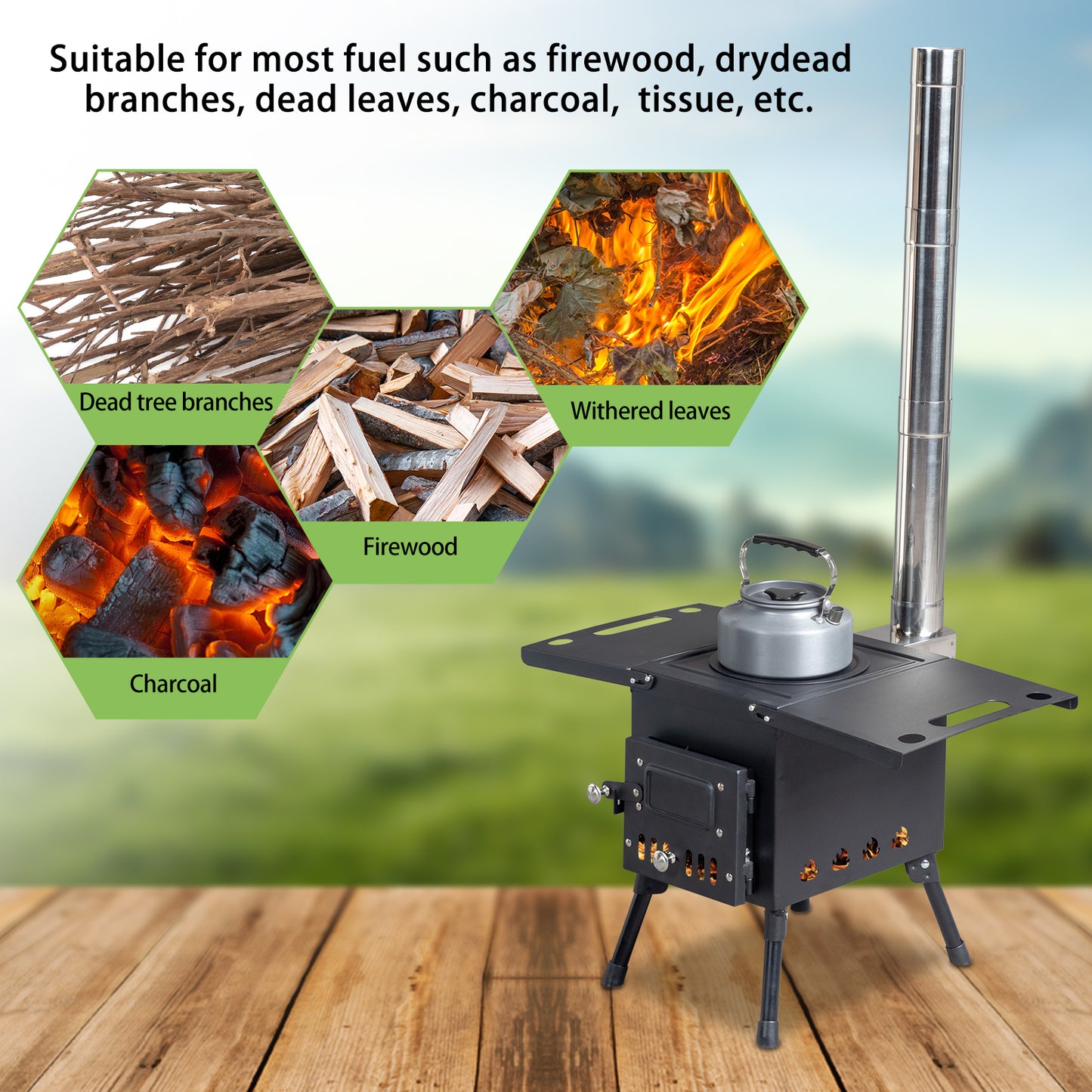 Portable Black Wood Burning Camping Stove and Accessories