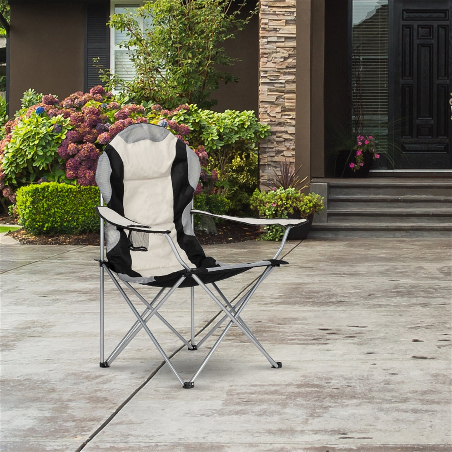 Lightweight Black and Gray Fabric Folding Chair with Iron Frame