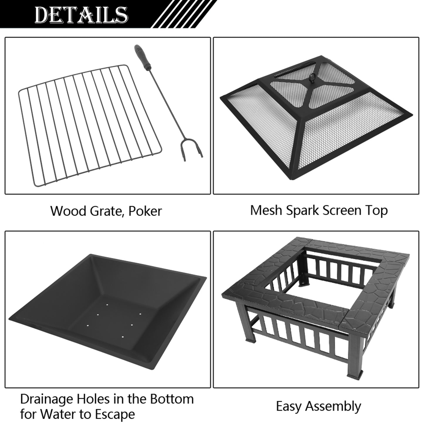 Portable Black Courtyard Metal Fire Pit with Accessories