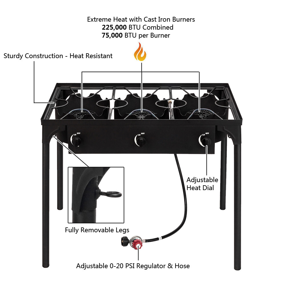 Three Burner Cast Iron Outdoor High Pressure Propane Gas Portable Camping Stove