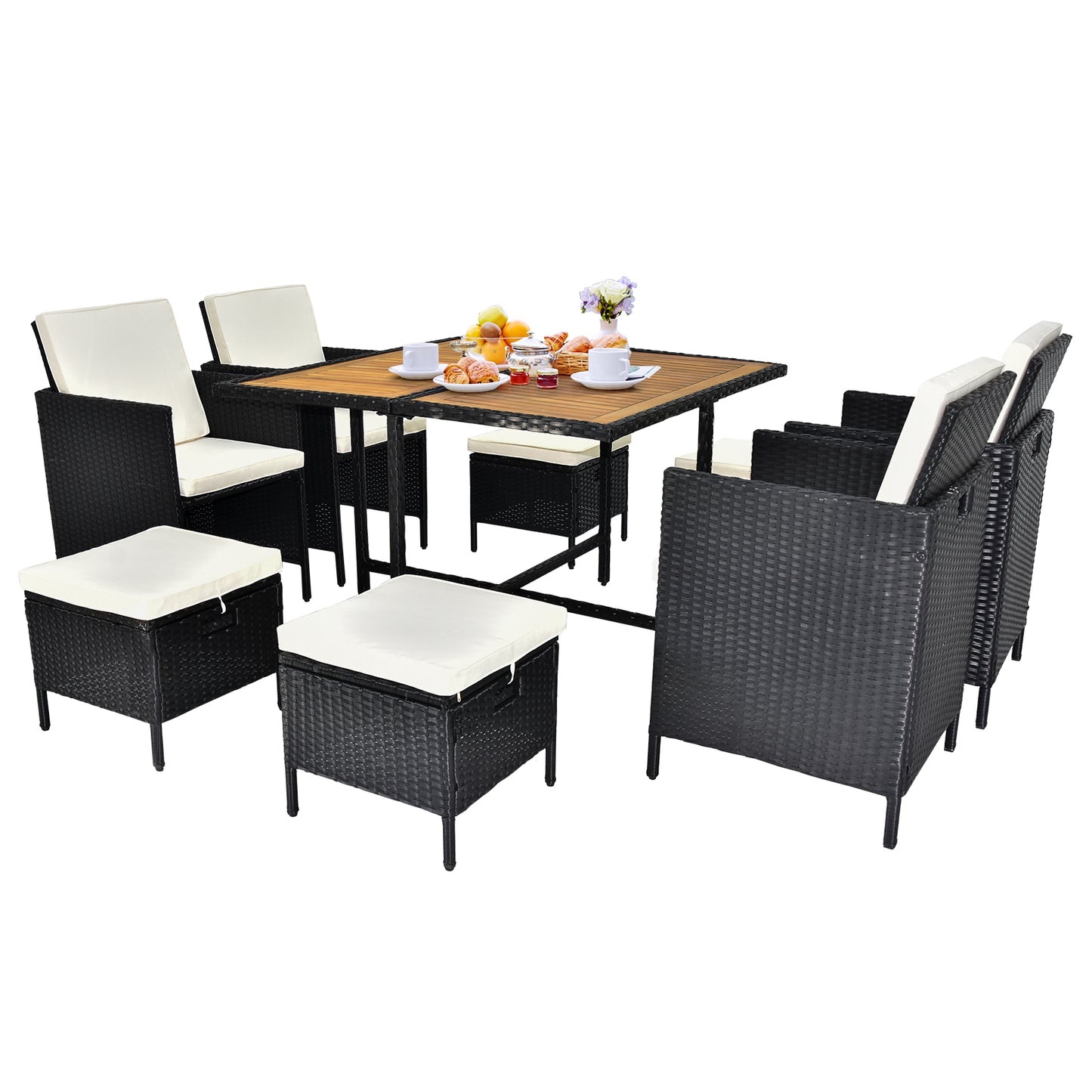 9 Piece Acacia Wood Outdoor Wicker Chairs with Soft Cushions Patio Dining Set