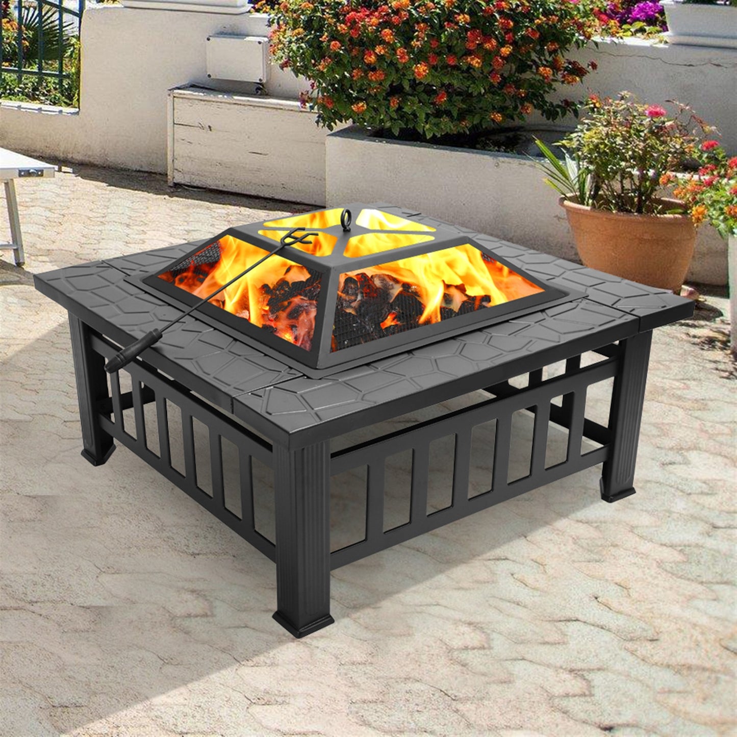 Portable Black Courtyard Metal Fire Pit with Accessories