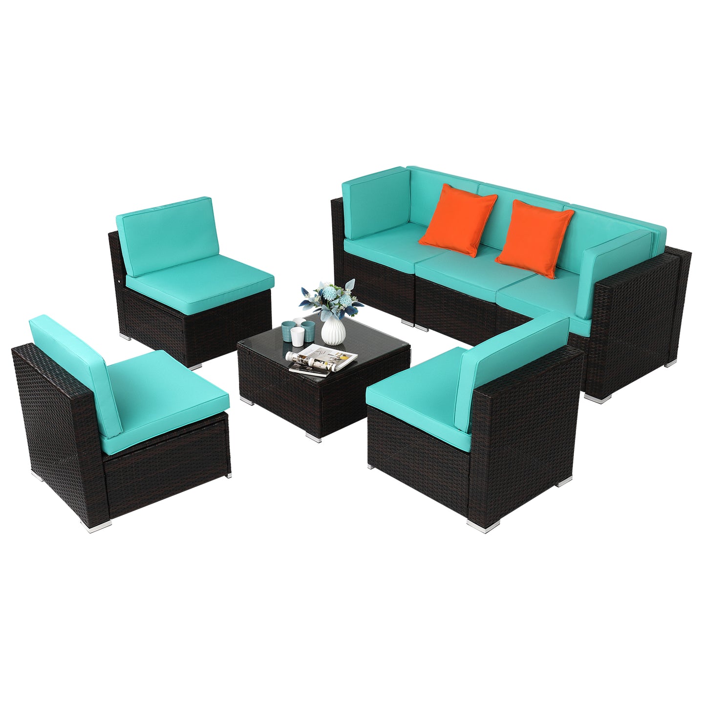 7 Piece Lake Blue Rattan Patio Sectional and Table Set