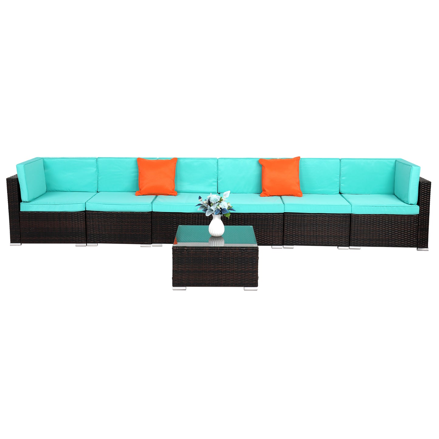 7 Piece Lake Blue Rattan Patio Sectional and Table Set