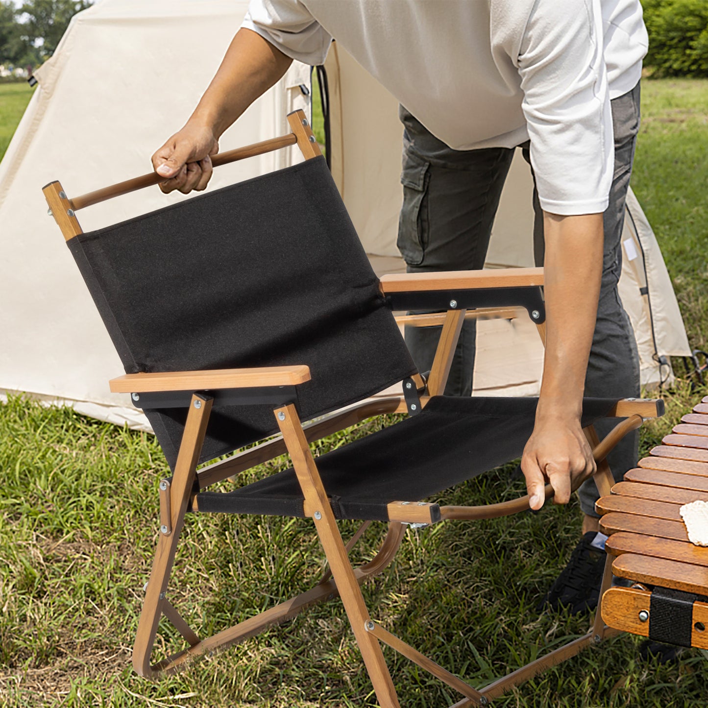 Black Cloth Folding Camping Chair with Aluminum Frame and Imitation Wood Accents