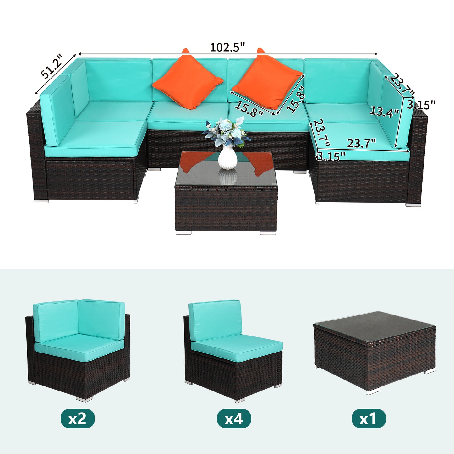 7 Piece Lake Blue Rattan Patio Sectional and Table Set