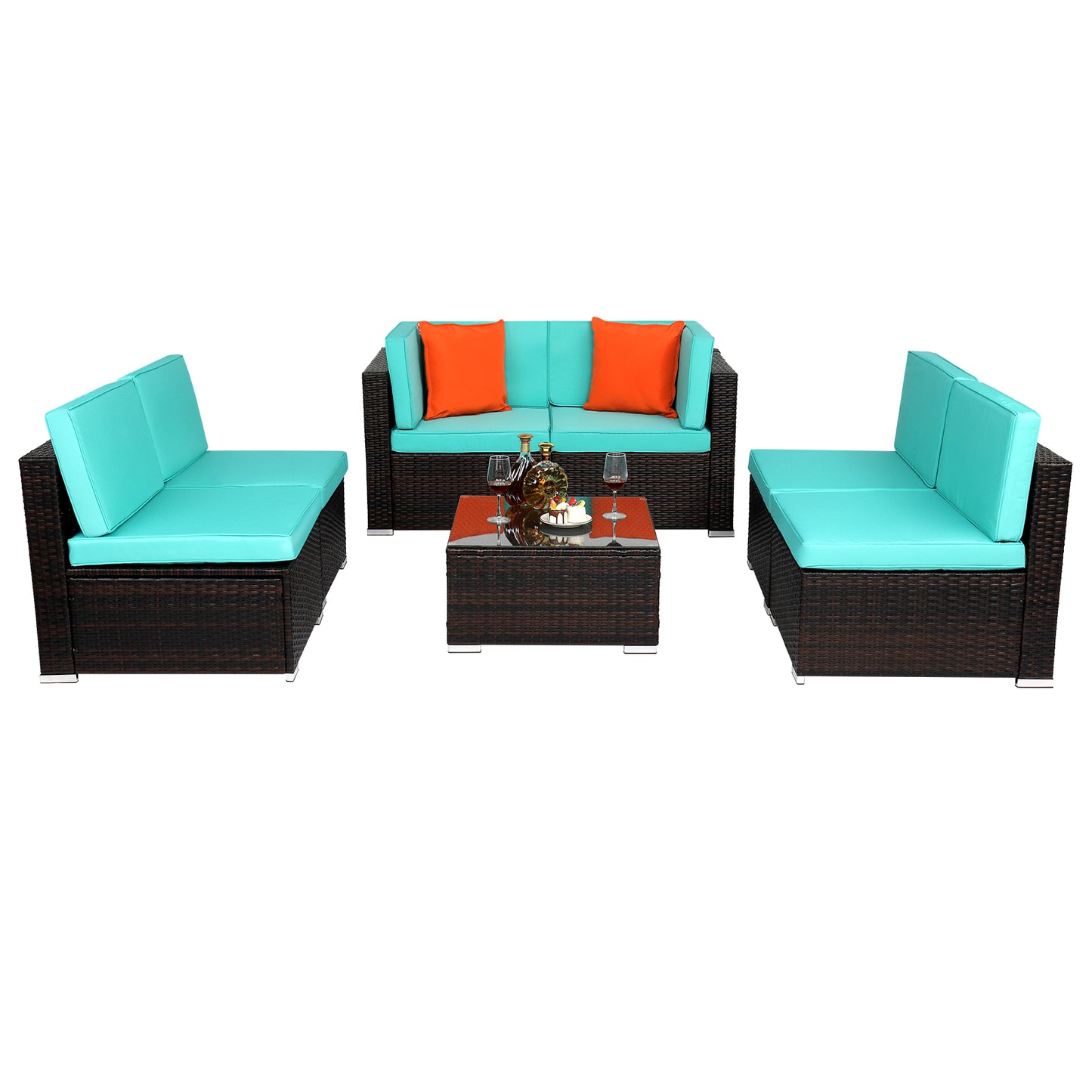 7 Piece Lake Blue Rattan Patio Sectional and Table Set