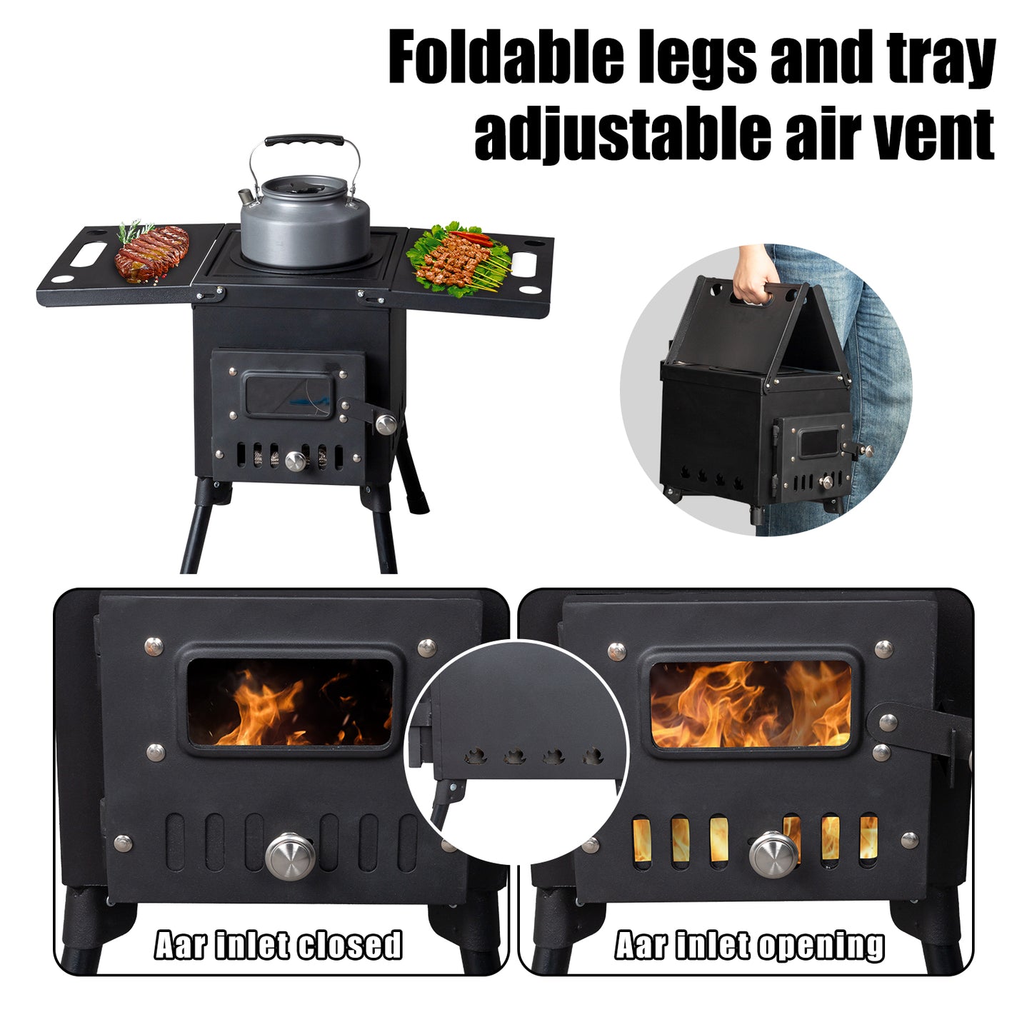 Portable Black Wood Burning Camping Stove and Accessories