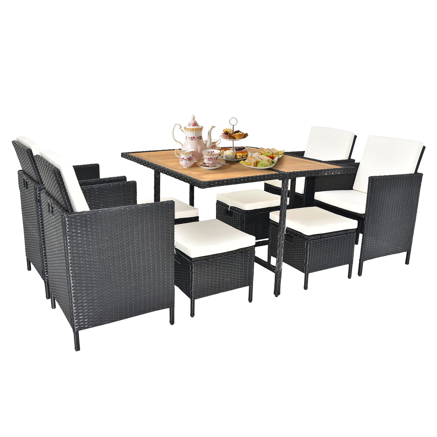 9 Piece Acacia Wood Outdoor Wicker Chairs with Soft Cushions Patio Dining Set